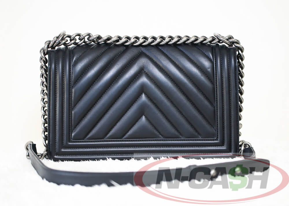 Chanel Black Chevron Quilted Leather Chain Around New Medium Boy Bag -  Yoogi's Closet