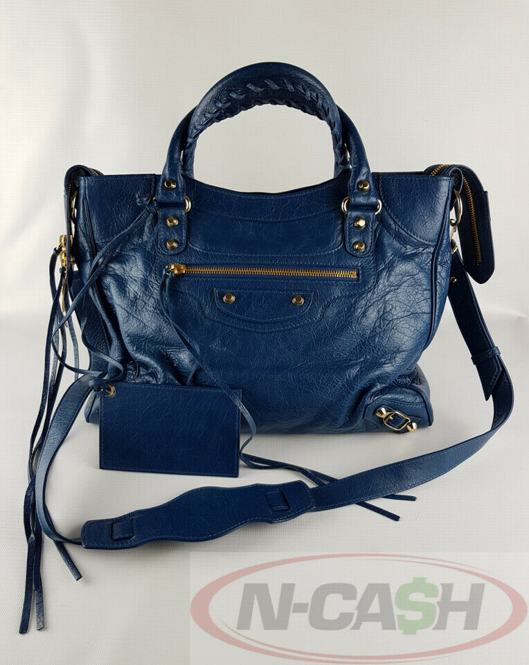 BALENCIAGA Velo Blue Distressed Lambskin Leather Handbag