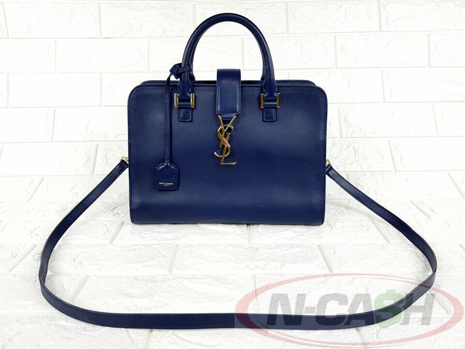 Saint Laurent Navy Blue Calfskin Leather Small Monogram Cabas Bag - Yoogi's  Closet