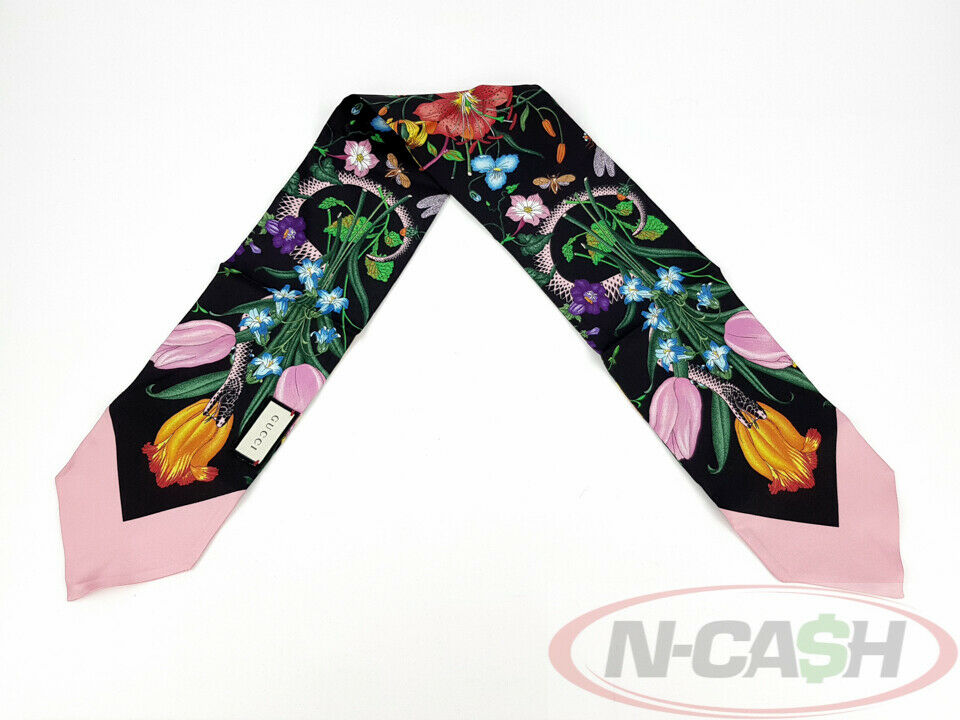Gucci Flora Snake Print Silk Neck Bow Scarf Black | N-Cash