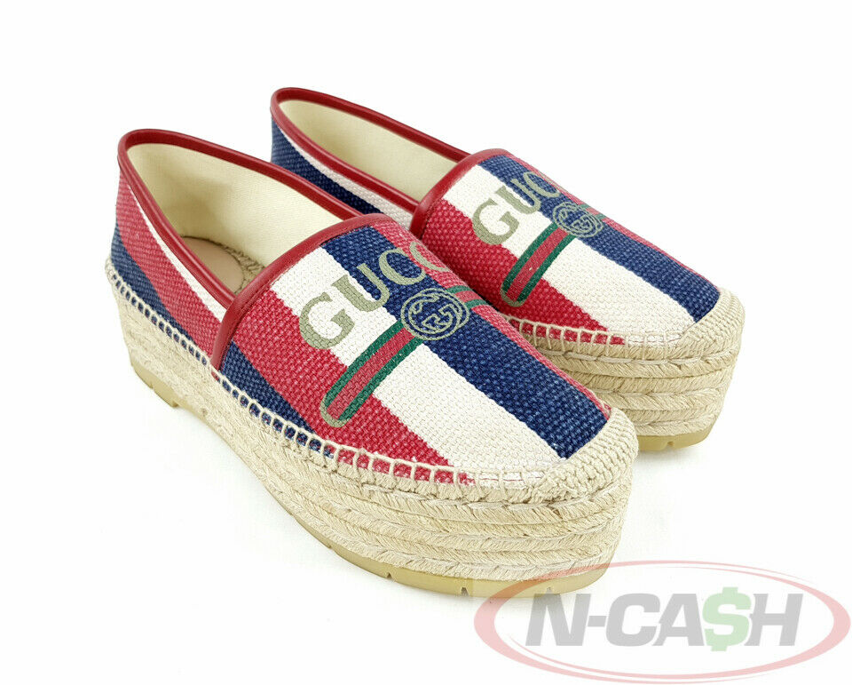 GUCCI Logo Sylvie Stripe Canvas Platform Espadrilles_pawnshop | N-Cash