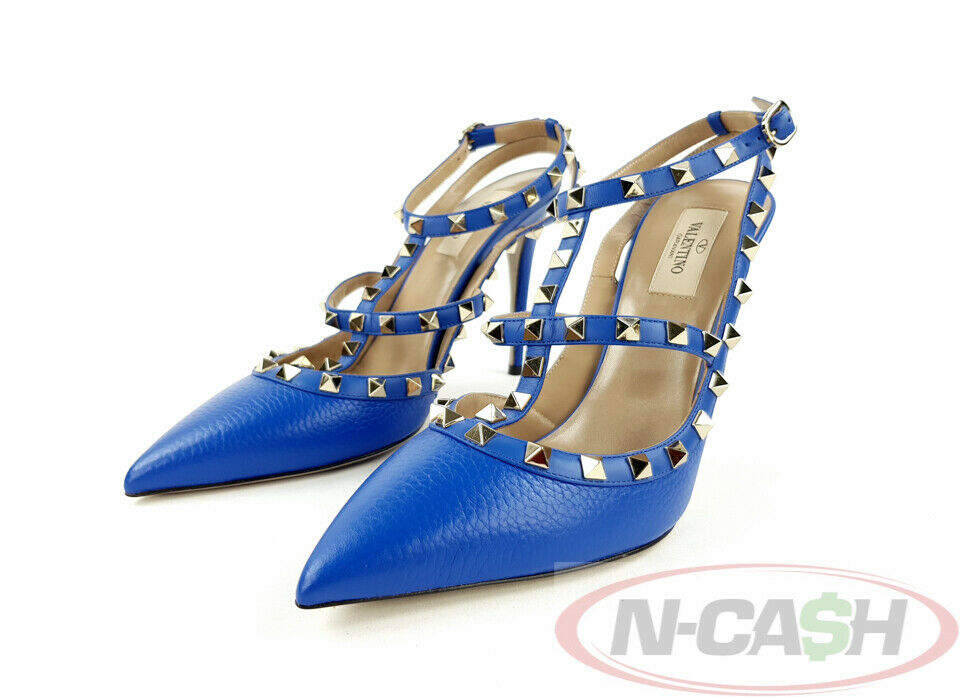 VALENTINO Blue Rockstud T-Strap Pebbled Leather Pumps_pawnshop | N-Cash