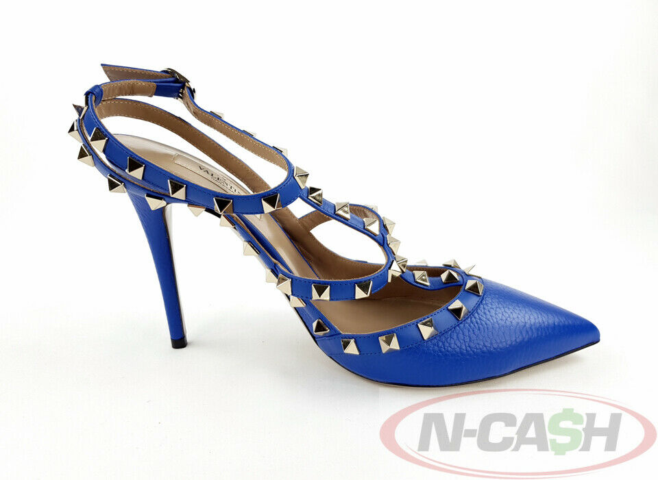 Blue Rockstud T-Strap Pebbled Leather Pumps | N-Cash