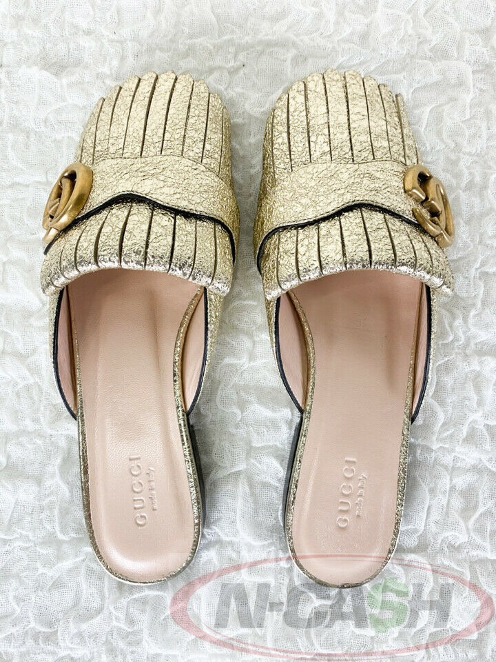 Gucci Gold Foil Marmont Kiltie Fringe Mules N Cash