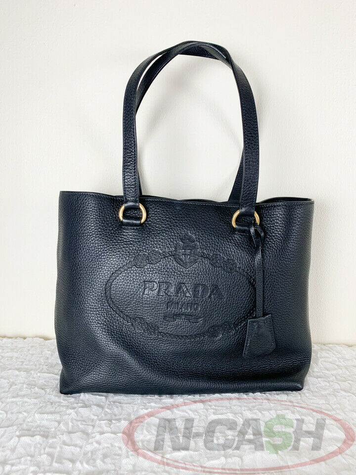 Prada Black Vitello Daino Embossed Logo Tote N Cash