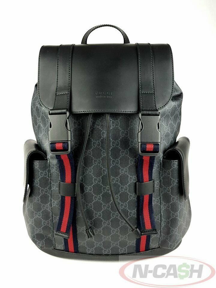 Gucci Black GG Supreme Canvas and Leather Web Backpack Gucci