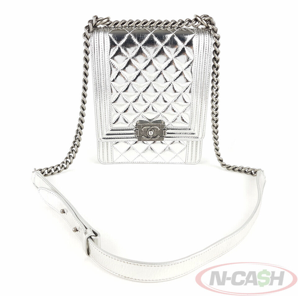 Chanel North South Boy Metallic Silver Calfskin Bag NCash