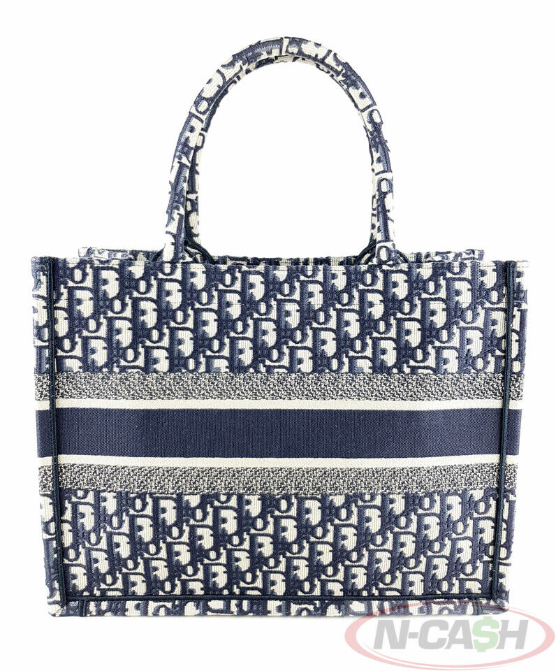 Dior Navy Oblique Book Logo Canvas Medium Tote Bag NCash