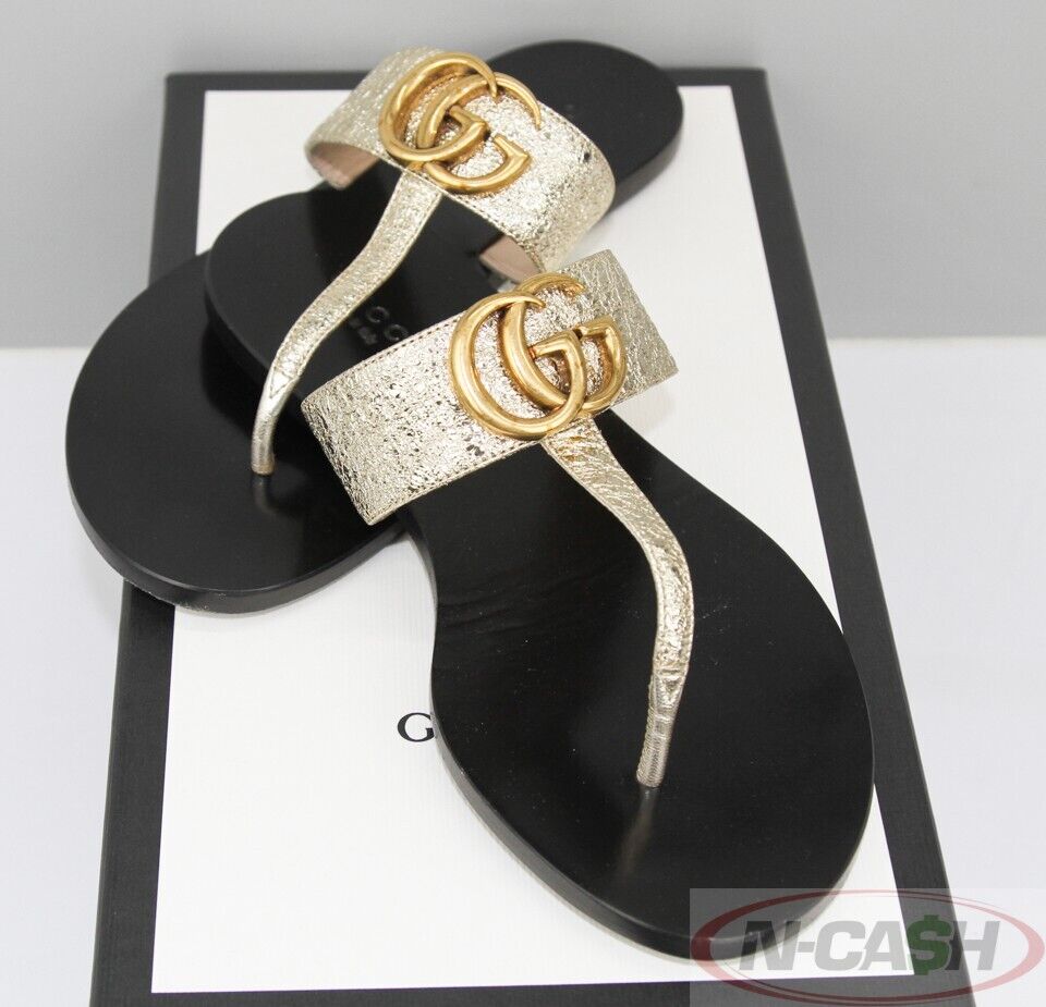GUCCI Metallic Gold EU35 GG Logo Thong Sandals_pawnshop
