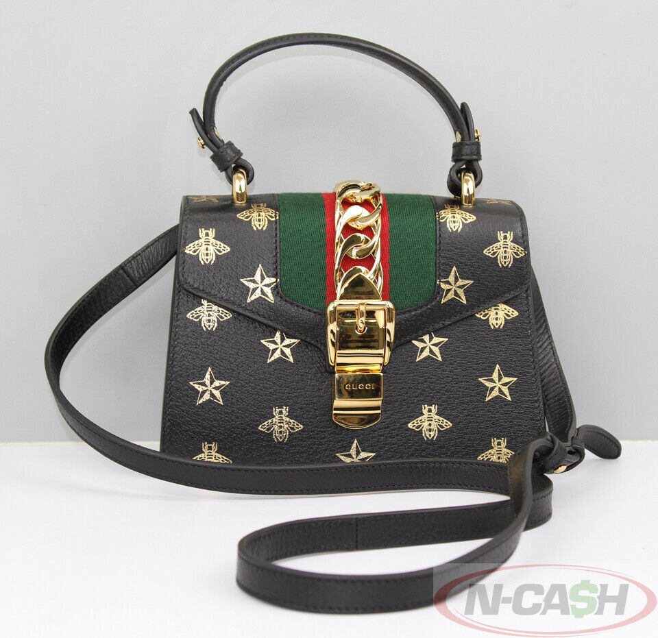 Gucci Black Bee Star Print Leather Small Sylvie Shoulder Bag Gucci