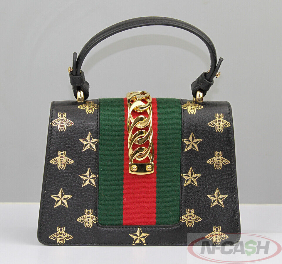 Auth Gucci Sylvie bee and star Crossbody Shoulder Bag Black/Gold Leather  e54452g