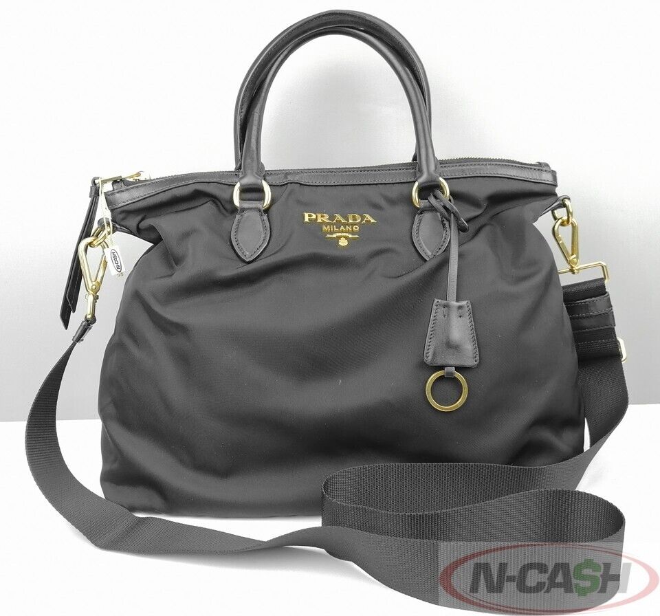 Prada Womens Black Nylon Calf Leather Trim Tote Bag 1BC060 