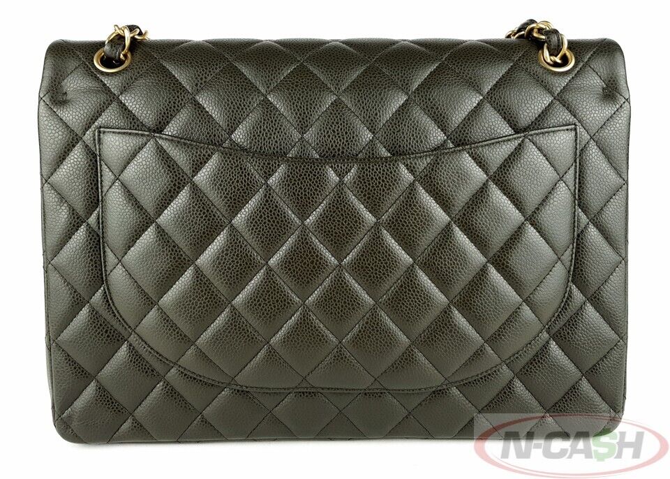 CHANEL Dark Green Caviar Maxi Double Flap Bag_pawnshop1