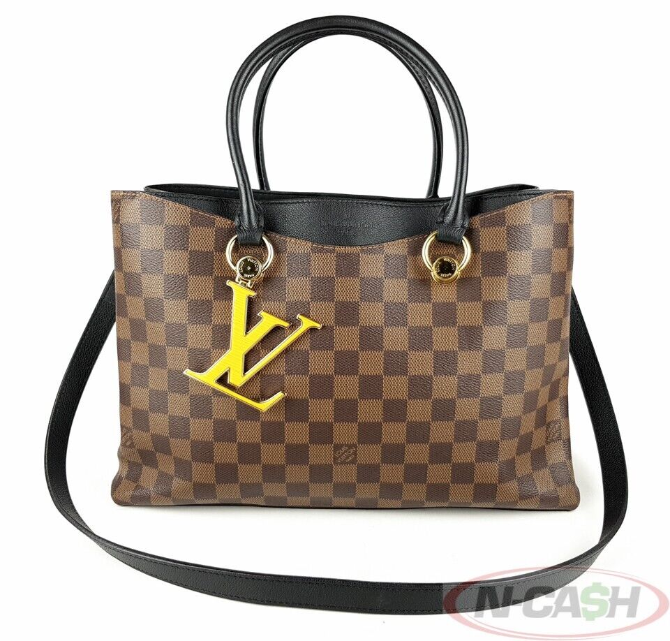 Authentic Louis Vuitton Damier Ebene Canvas with Black Leather Riverside Bag