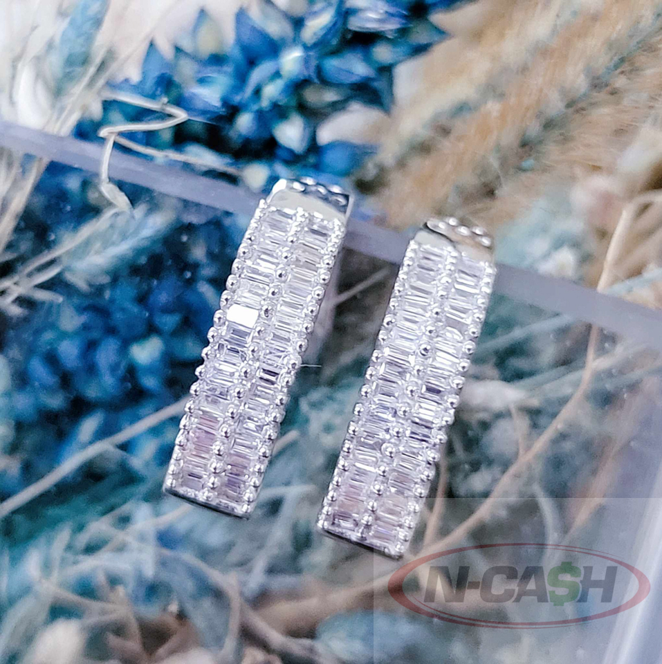 Men's Iced Out White Gold Plated Sterling Silver Baguette CZ Huggie Hoop Earrings - 10mm