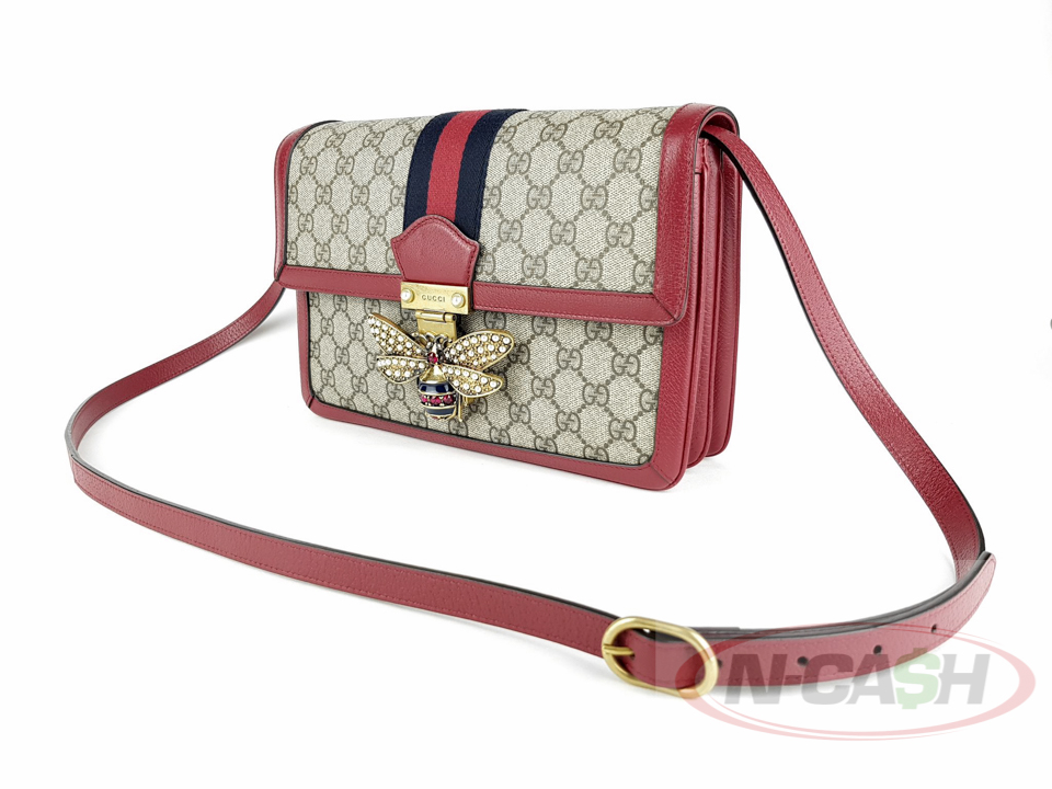 Gucci Bee Clasp Striped Leather Shoulder Bag in Red | Lyst