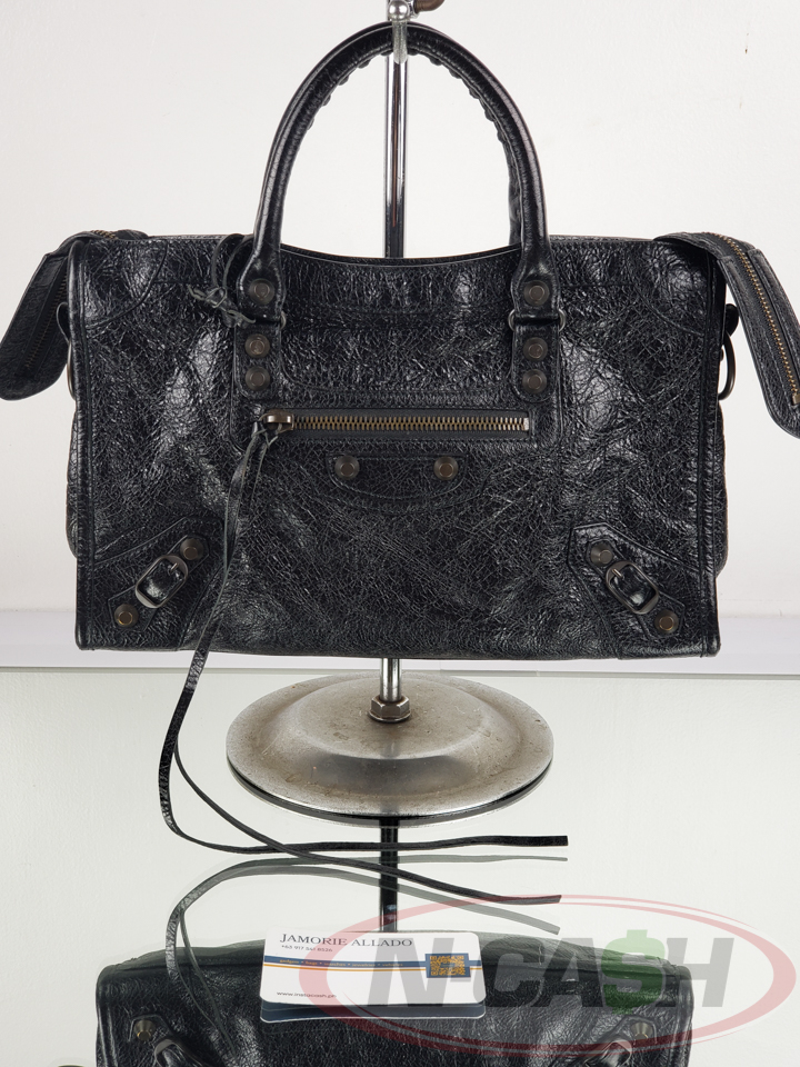 Balenciaga Black Lambskin Leather Small City Logo Strap Bag_pawnshop1