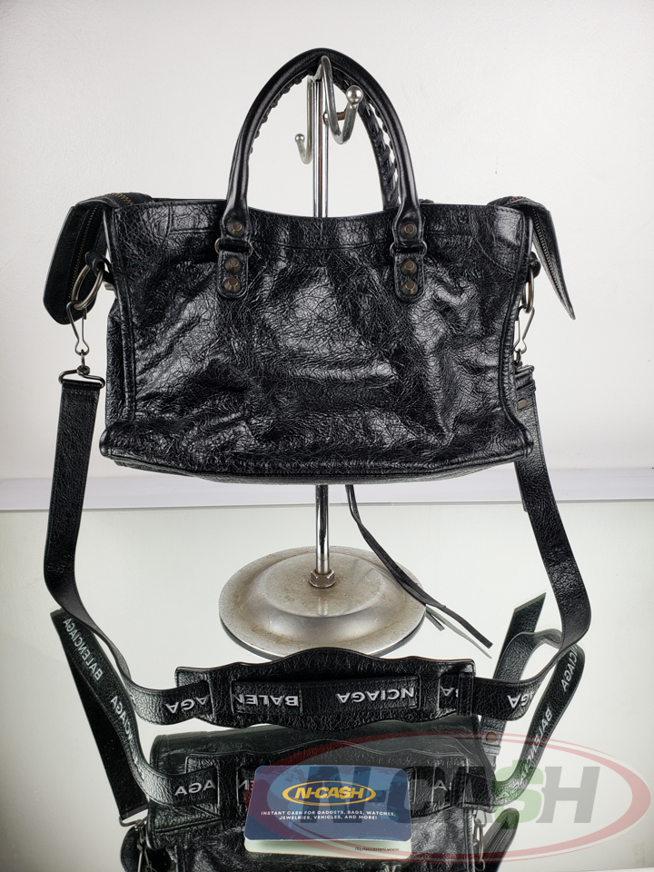 Balenciaga Black Lambskin Leather Small City Logo Strap Bag_pawnshop2